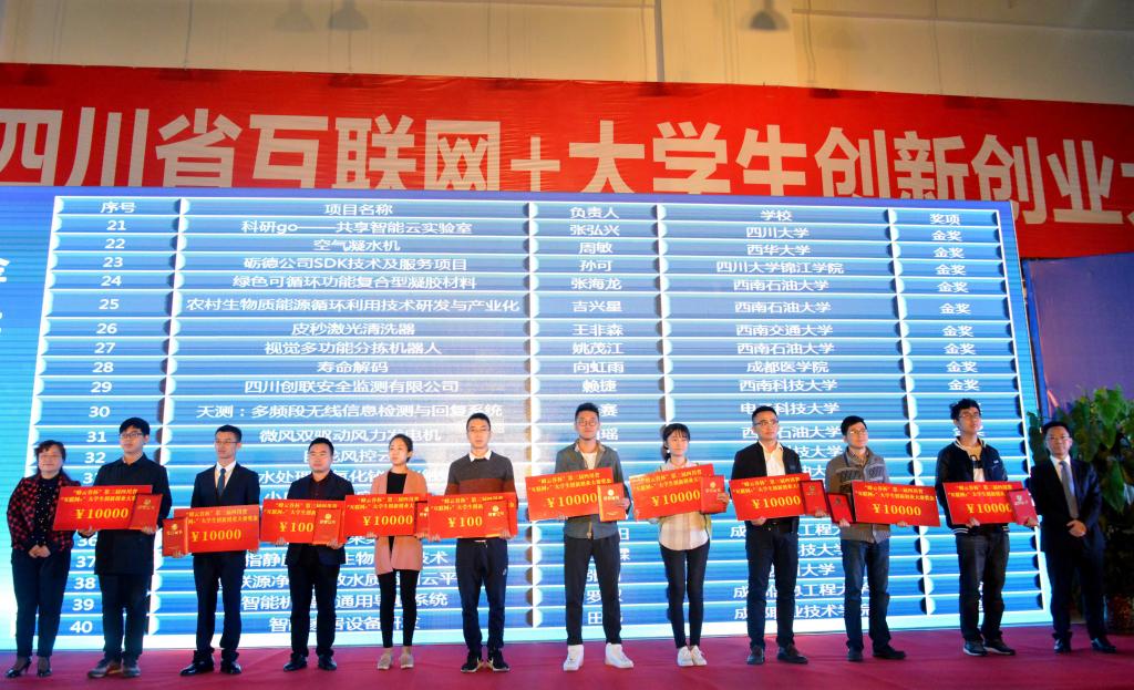 我校金奖项目获得者石晛、田瑶上台领奖(左七、左八)